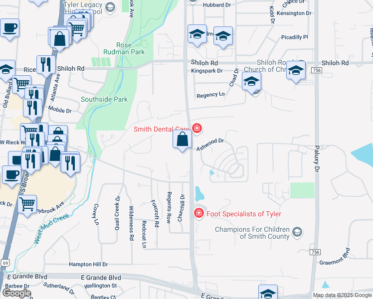 map of restaurants, bars, coffee shops, grocery stores, and more near 5681 New Copeland Road in Tyler