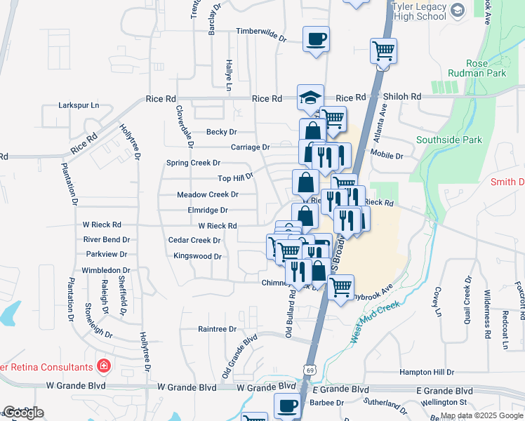 map of restaurants, bars, coffee shops, grocery stores, and more near 5514 Indian Springs Dr in Tyler