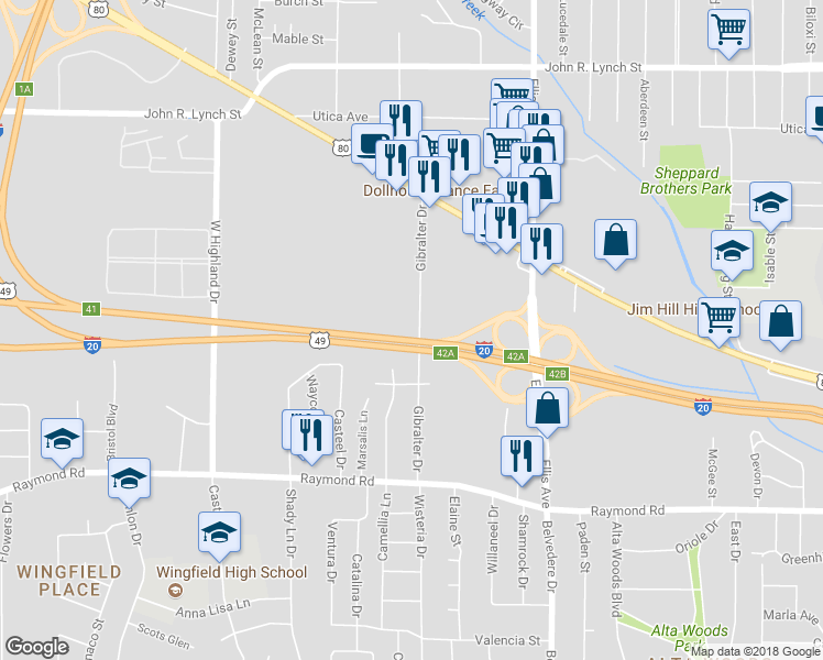 map of restaurants, bars, coffee shops, grocery stores, and more near 1505 Gibralter Drive in Jackson