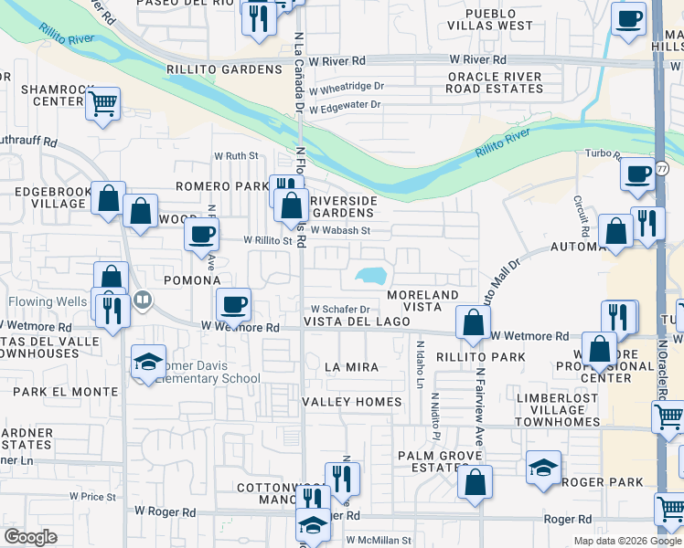 map of restaurants, bars, coffee shops, grocery stores, and more near 1302 West Sol Place in Tucson