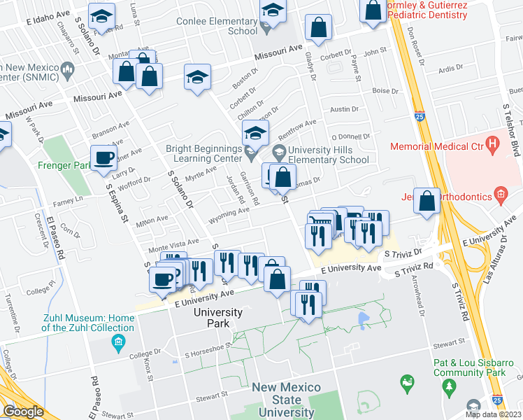 map of restaurants, bars, coffee shops, grocery stores, and more near 1530 Wyoming Avenue in Las Cruces