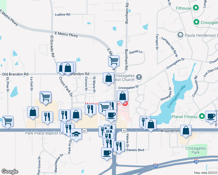 map of restaurants, bars, coffee shops, grocery stores, and more near 395 Crossgates Boulevard in Brandon