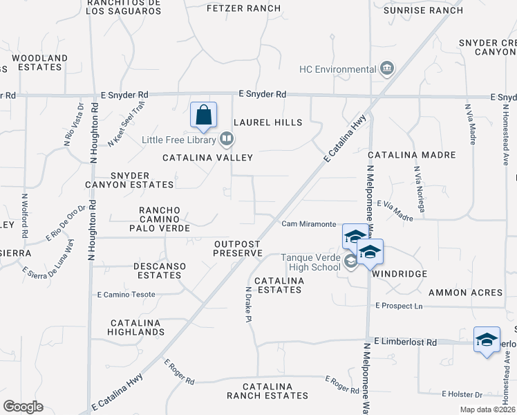 map of restaurants, bars, coffee shops, grocery stores, and more near 10800 East Vía Tranquilla in Tucson