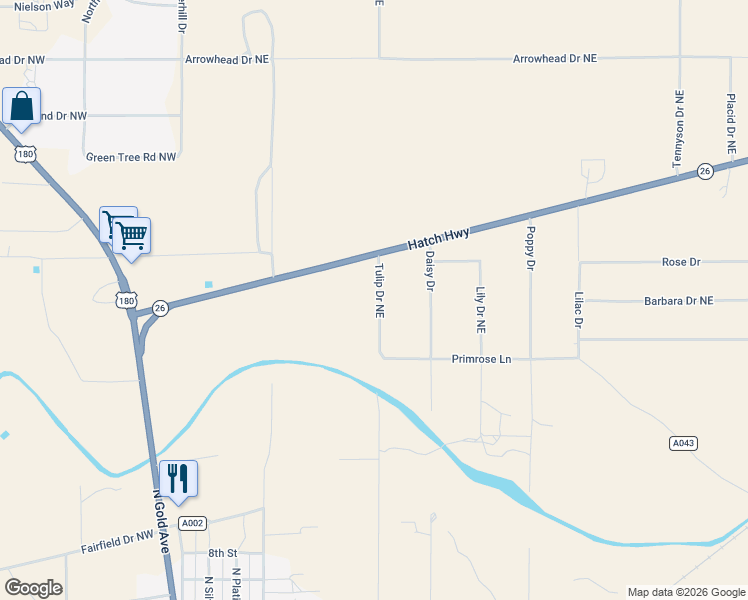 map of restaurants, bars, coffee shops, grocery stores, and more near 2339-2449 Tulip Drive in Deming