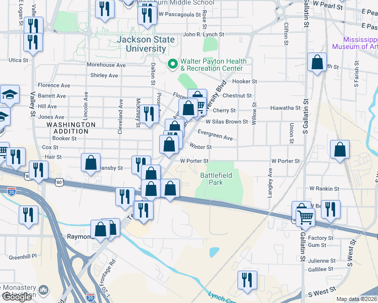 map of restaurants, bars, coffee shops, grocery stores, and more near 1434 Terry Road in Jackson