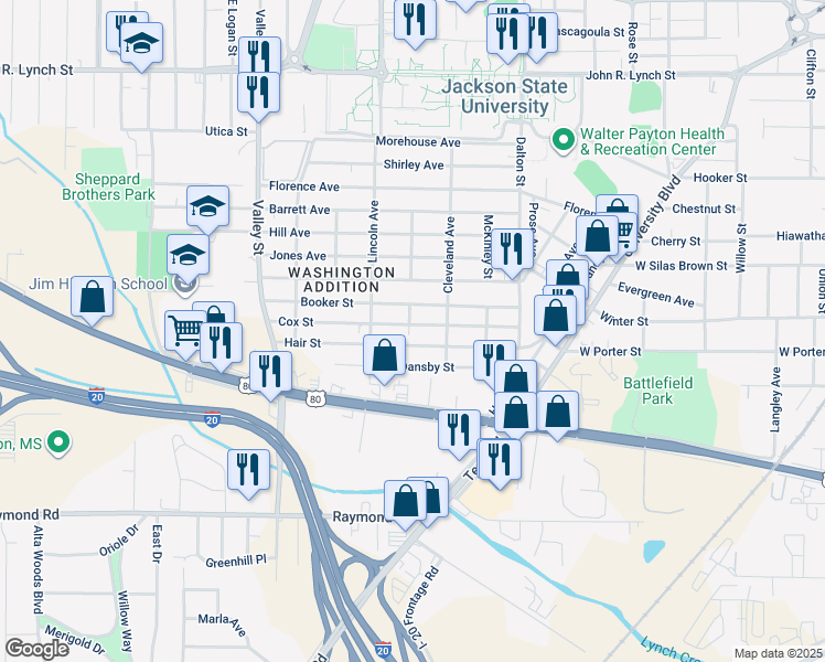 map of restaurants, bars, coffee shops, grocery stores, and more near 1441 Cox Street in Jackson