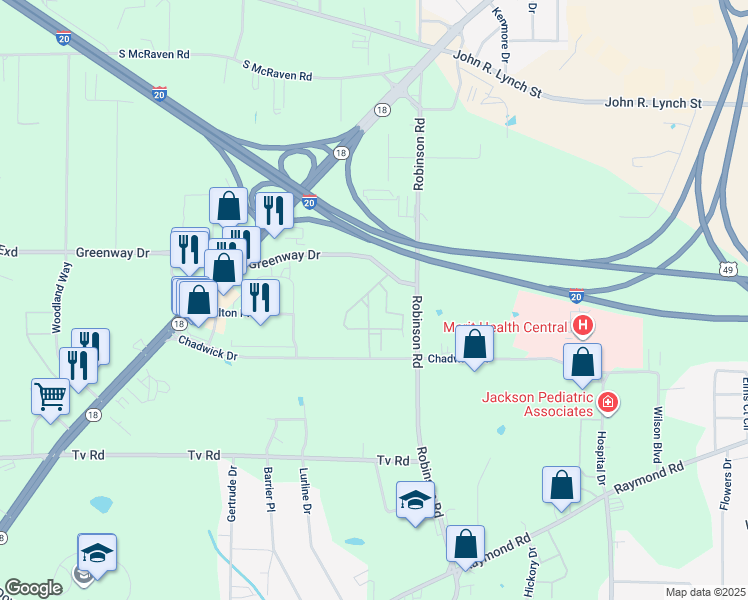 map of restaurants, bars, coffee shops, grocery stores, and more near 2010 Chadwick Drive in Jackson