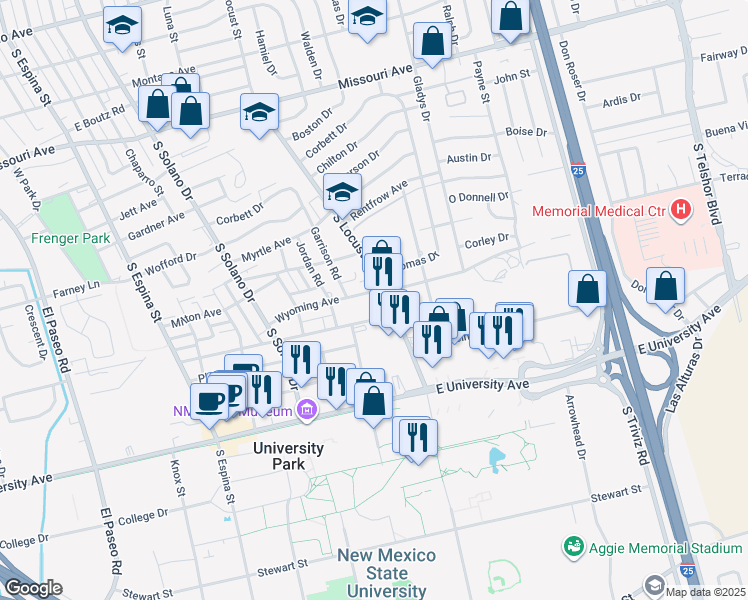 map of restaurants, bars, coffee shops, grocery stores, and more near 2320 South Locust Street in Las Cruces
