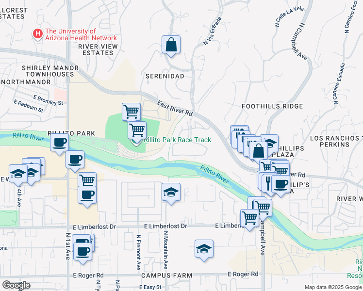 map of restaurants, bars, coffee shops, grocery stores, and more near 4545 North Vía Entrada in Tucson