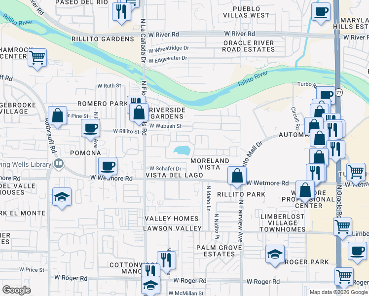 map of restaurants, bars, coffee shops, grocery stores, and more near 4550 North Flowing Wells Road in Tucson