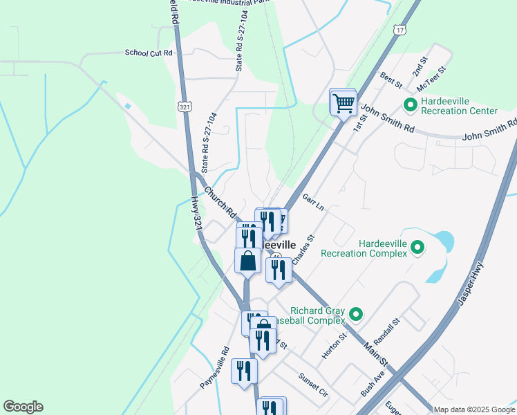 map of restaurants, bars, coffee shops, grocery stores, and more near Sanders Rd in Hardeeville