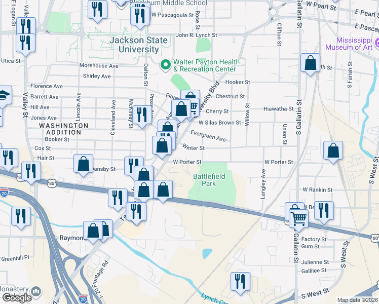 map of restaurants, bars, coffee shops, grocery stores, and more near 1434 Terry Road in Jackson