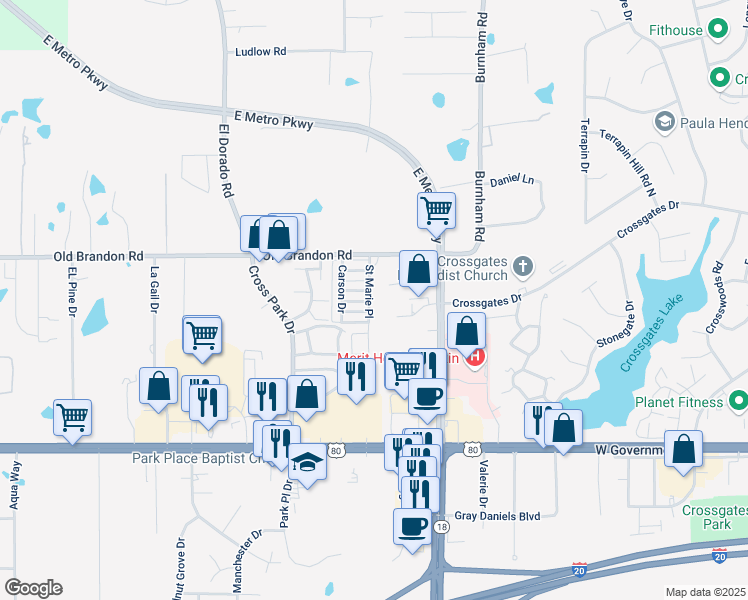 map of restaurants, bars, coffee shops, grocery stores, and more near 3428 Saint Marie Place in Pearl