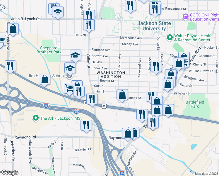 map of restaurants, bars, coffee shops, grocery stores, and more near 1655 Cox Street in Jackson