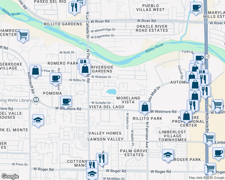map of restaurants, bars, coffee shops, grocery stores, and more near 4550 North Flowing Wells Road in Tucson