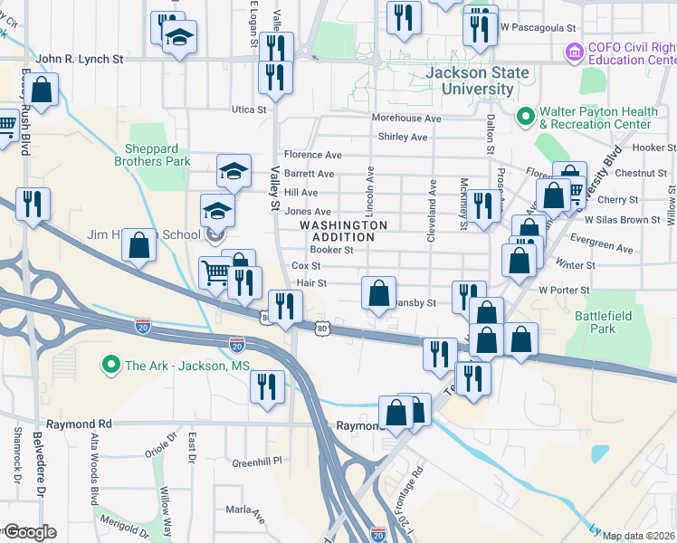 map of restaurants, bars, coffee shops, grocery stores, and more near 1655 Cox Street in Jackson