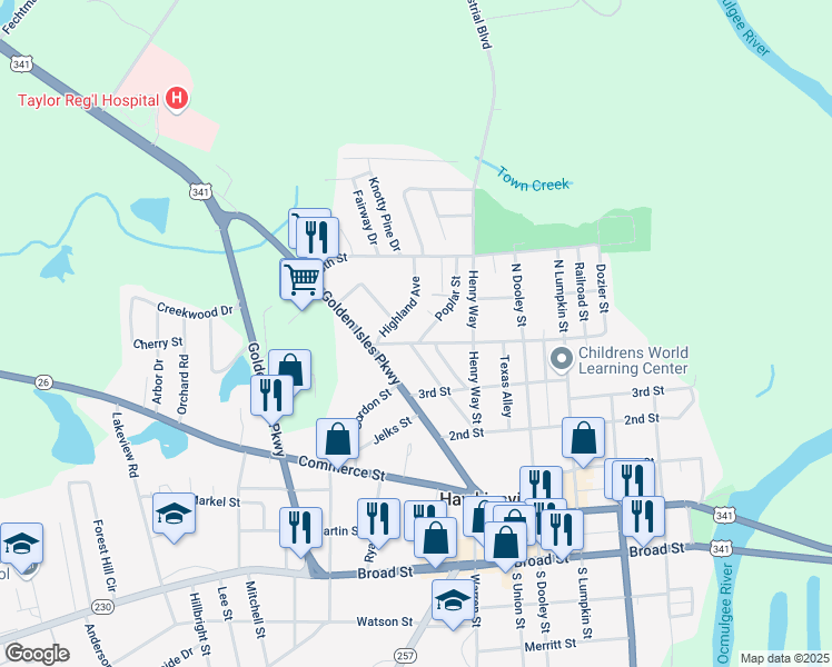 map of restaurants, bars, coffee shops, grocery stores, and more near 19 Martin Luther King Junior Boulevard in Hawkinsville