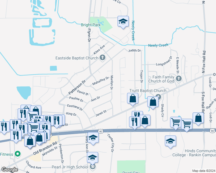 map of restaurants, bars, coffee shops, grocery stores, and more near 3443 Marguerite Drive in Pearl