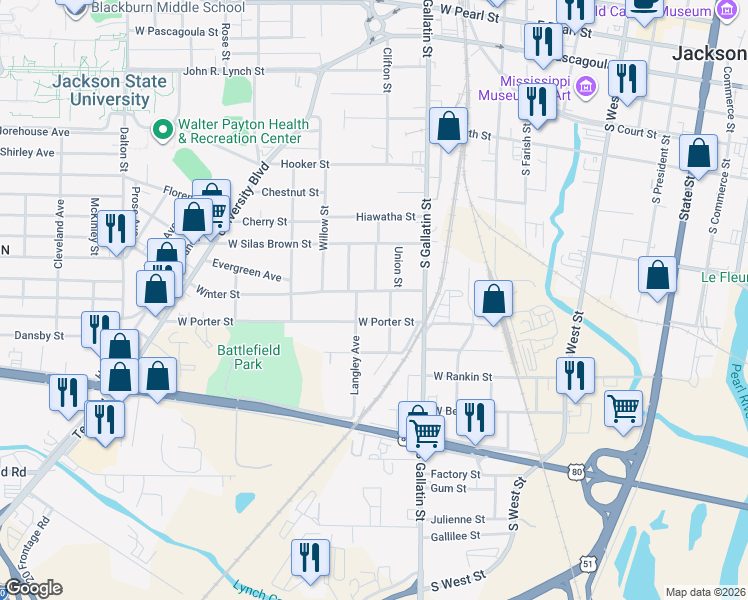 map of restaurants, bars, coffee shops, grocery stores, and more near 507 Winter Street in Jackson
