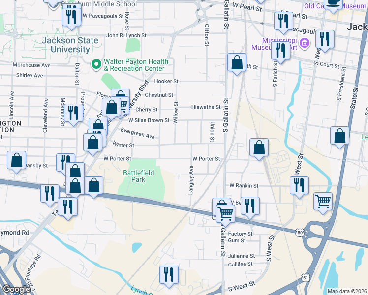 map of restaurants, bars, coffee shops, grocery stores, and more near 607 Winter St in Jackson