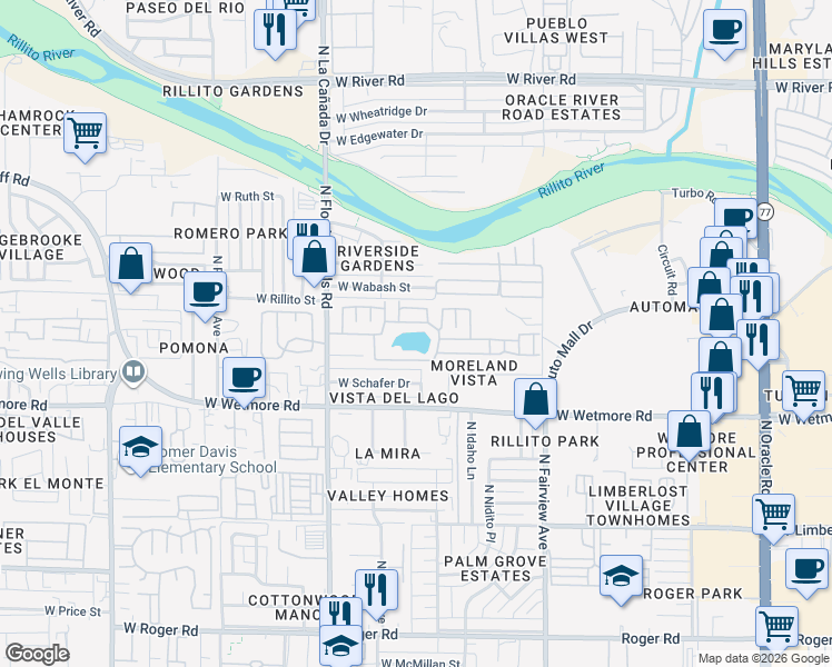 map of restaurants, bars, coffee shops, grocery stores, and more near 4550 North Flowing Wells Road in Tucson