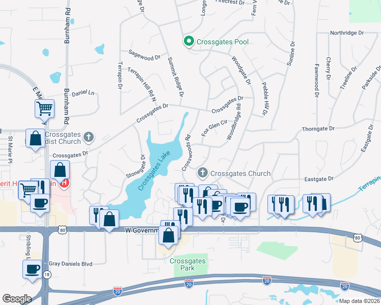 map of restaurants, bars, coffee shops, grocery stores, and more near Crosswoods Road in Brandon