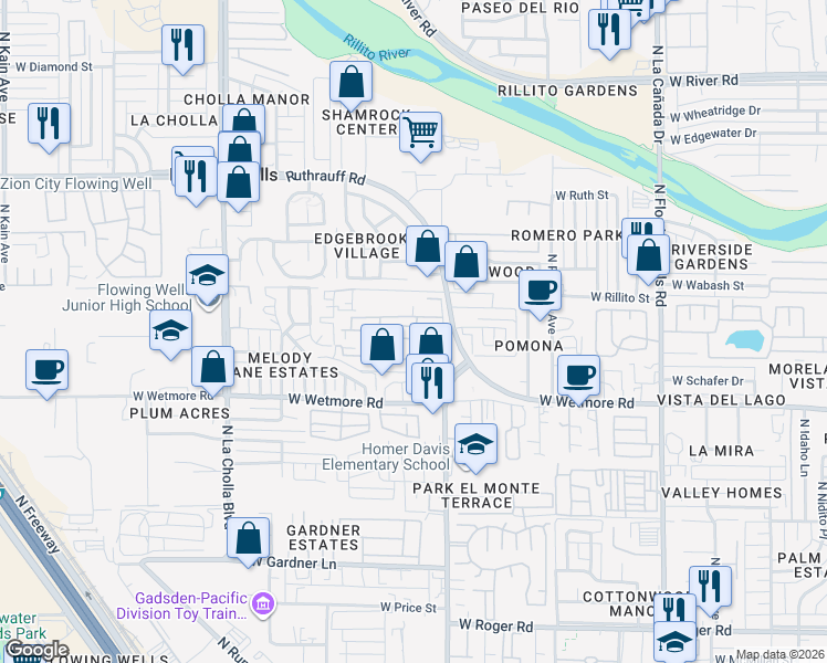 map of restaurants, bars, coffee shops, grocery stores, and more near 4541 North Old Romero Road in Tucson