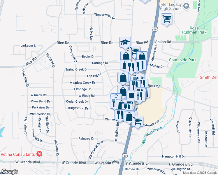 map of restaurants, bars, coffee shops, grocery stores, and more near 5514 Indian Springs Drive in Tyler