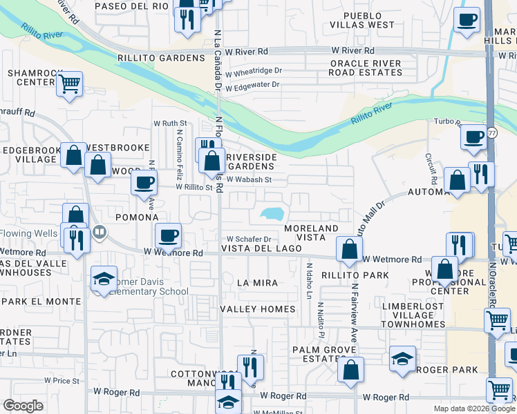 map of restaurants, bars, coffee shops, grocery stores, and more near 1302 West Sol Place in Tucson