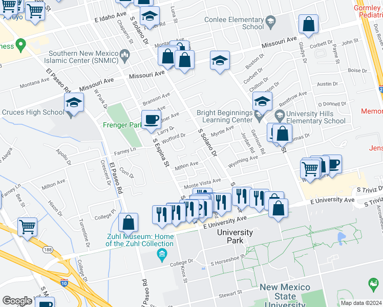 map of restaurants, bars, coffee shops, grocery stores, and more near 2114 Hagerty Road in Las Cruces