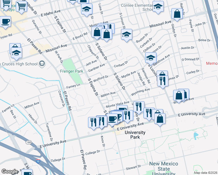 map of restaurants, bars, coffee shops, grocery stores, and more near 2130 Hagerty Road in Las Cruces