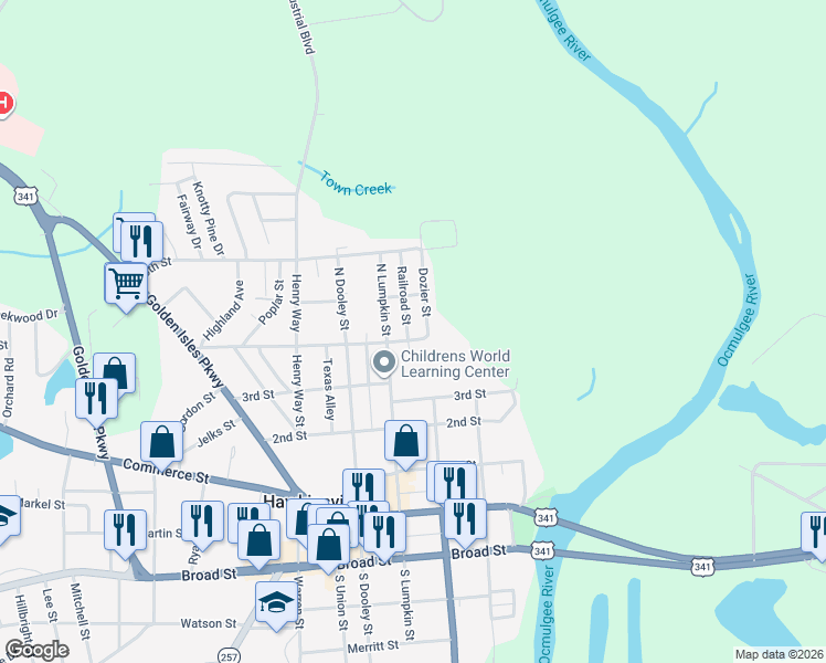 map of restaurants, bars, coffee shops, grocery stores, and more near 105 Martin Luther King Junior Boulevard in Hawkinsville