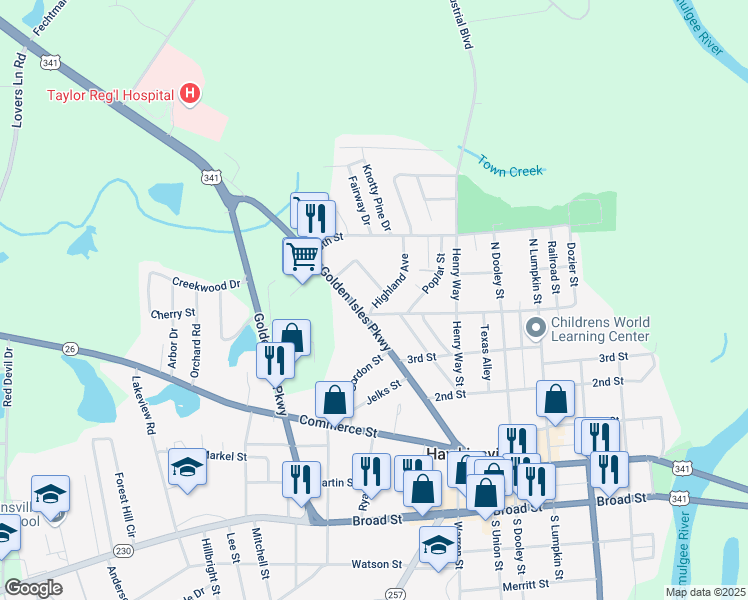 map of restaurants, bars, coffee shops, grocery stores, and more near 7 Highland Avenue in Hawkinsville