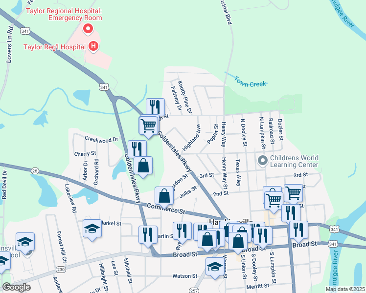 map of restaurants, bars, coffee shops, grocery stores, and more near 7 Highland Avenue in Hawkinsville