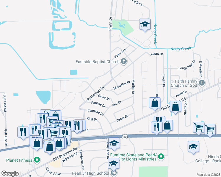 map of restaurants, bars, coffee shops, grocery stores, and more near 3404 Mahaffey Drive in Pearl