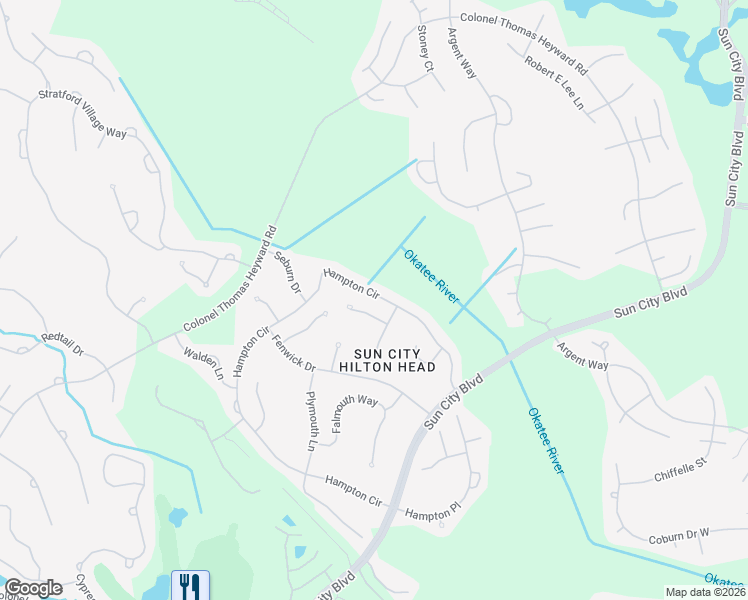 map of restaurants, bars, coffee shops, grocery stores, and more near 7 Cheswell Court in Bluffton