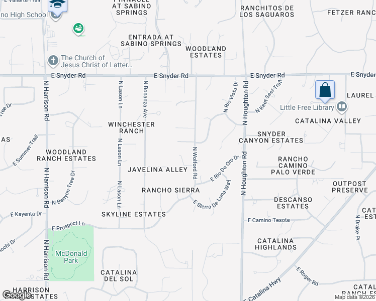 map of restaurants, bars, coffee shops, grocery stores, and more near 10101 East Prospect Heights Place in Tucson