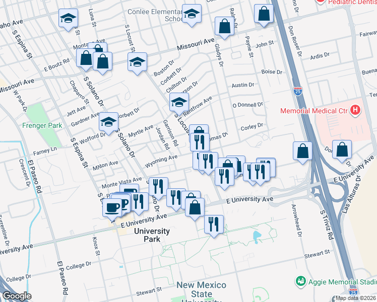 map of restaurants, bars, coffee shops, grocery stores, and more near 1620 Wyoming Avenue in Las Cruces