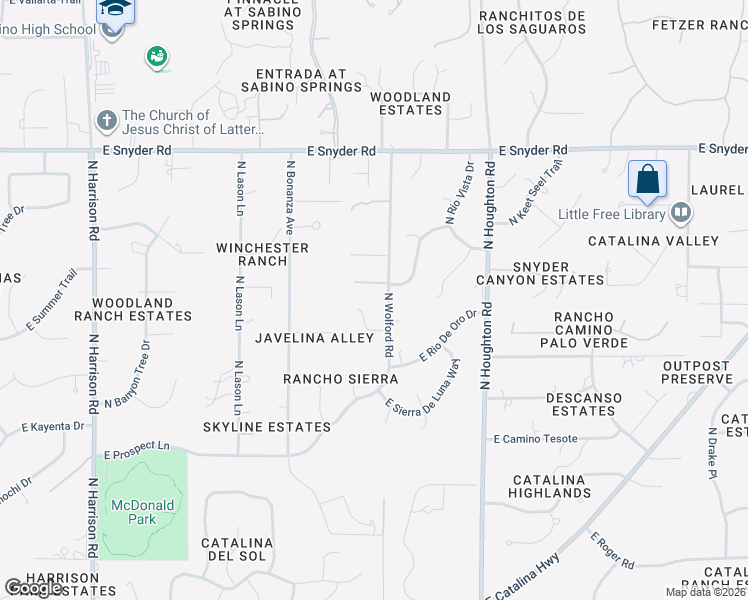 map of restaurants, bars, coffee shops, grocery stores, and more near 10101 East Prospect Heights Place in Tucson