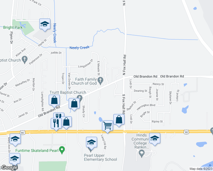 map of restaurants, bars, coffee shops, grocery stores, and more near 3827 Old Brandon Road in Pearl