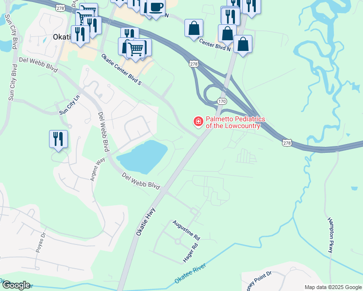 map of restaurants, bars, coffee shops, grocery stores, and more near 3 Wigg Court in Bluffton