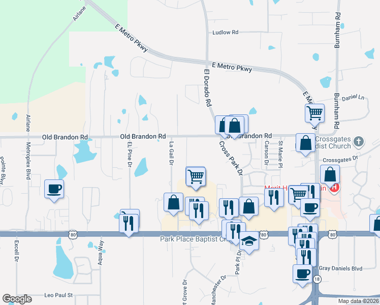 map of restaurants, bars, coffee shops, grocery stores, and more near 125 La Gail Drive in Pearl