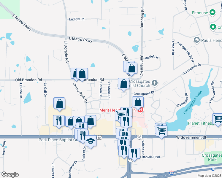 map of restaurants, bars, coffee shops, grocery stores, and more near 3428 Saint Marie Place in Pearl