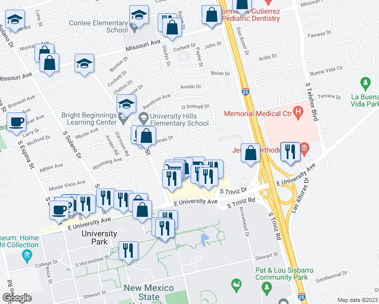 map of restaurants, bars, coffee shops, grocery stores, and more near 1990 Wyoming Avenue in Las Cruces
