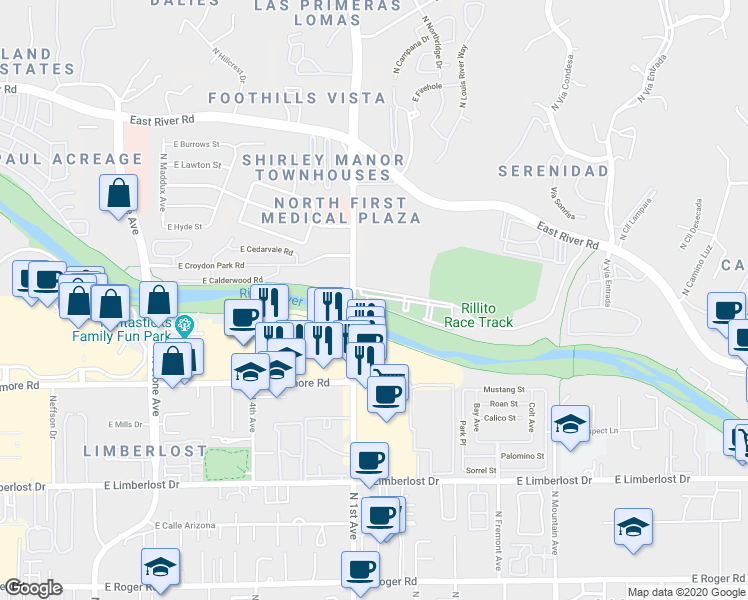 map of restaurants, bars, coffee shops, grocery stores, and more near 4558 North 1st Avenue in Tucson