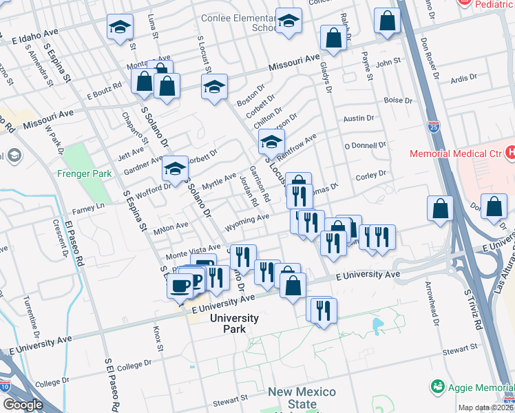 map of restaurants, bars, coffee shops, grocery stores, and more near 1410 Wyoming Avenue in Las Cruces