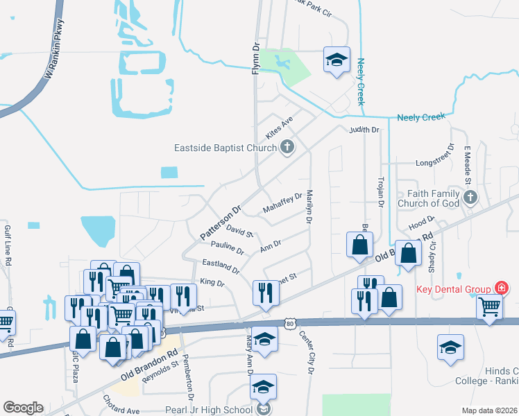 map of restaurants, bars, coffee shops, grocery stores, and more near 3349 Marguerite Drive in Pearl