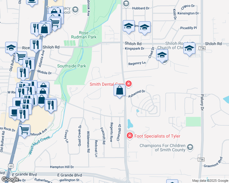 map of restaurants, bars, coffee shops, grocery stores, and more near 5681 New Copeland Road in Tyler
