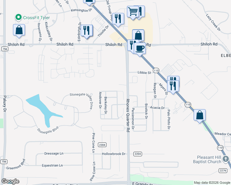 map of restaurants, bars, coffee shops, grocery stores, and more near 5619 Thomas Nelson Drive in Tyler