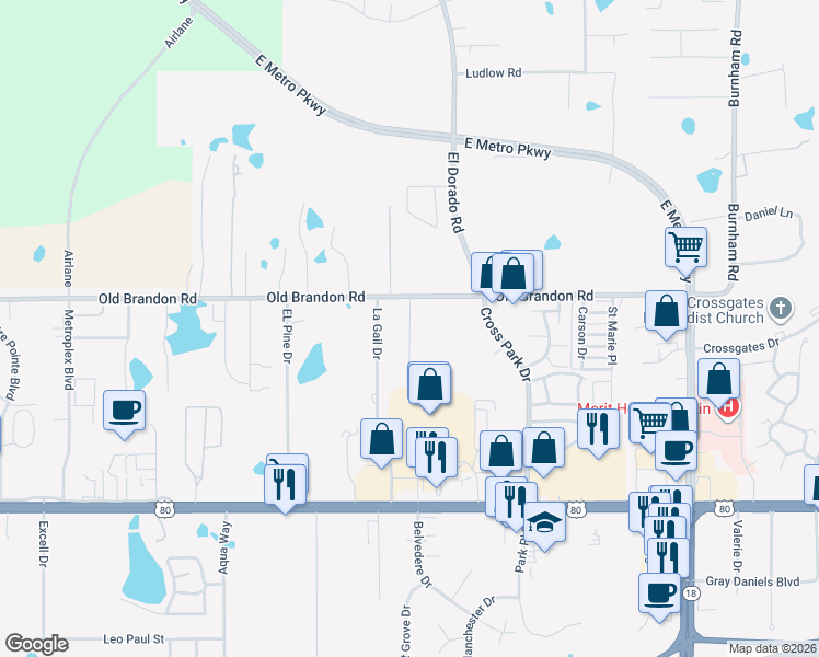 map of restaurants, bars, coffee shops, grocery stores, and more near 125 La Gail Drive in Pearl